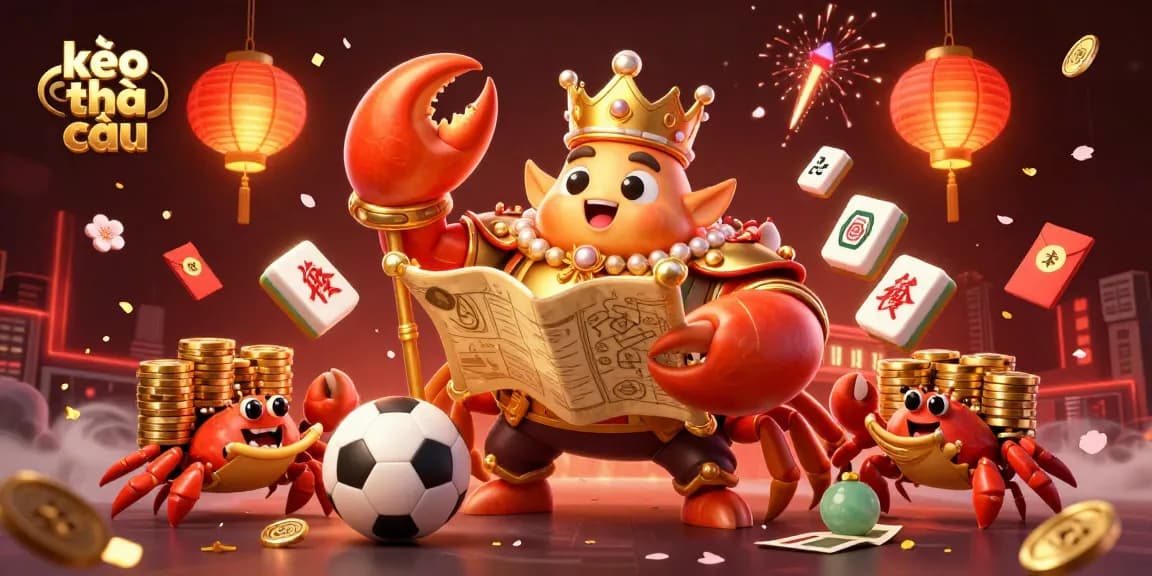 Engage with kèo nhà cái through a vibrant casino-themed 3D scene featuring a golden crab emperor and dynamic betting elements.