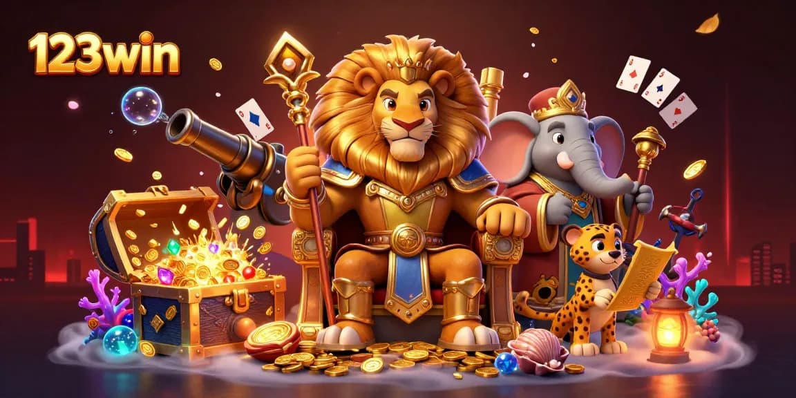 Win exciting rewards with 123win's fierce lion king and energetic characters in this vibrant casino scene.