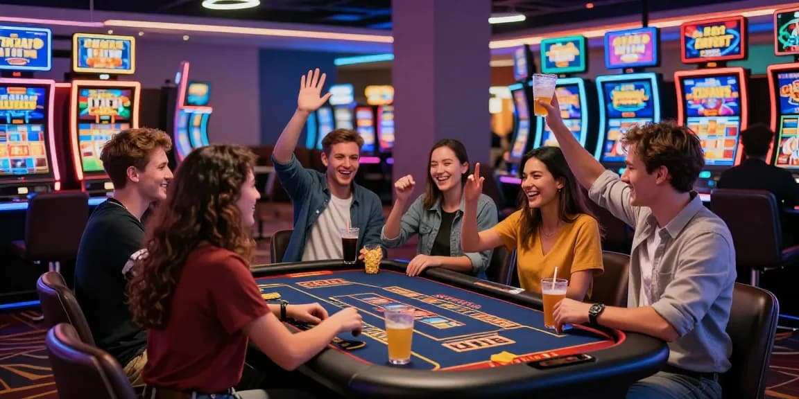 Diverse group celebrating a win at a casino, embodying excitement and joy, emphasizing the appeal of Free No Deposit Bonus offers.