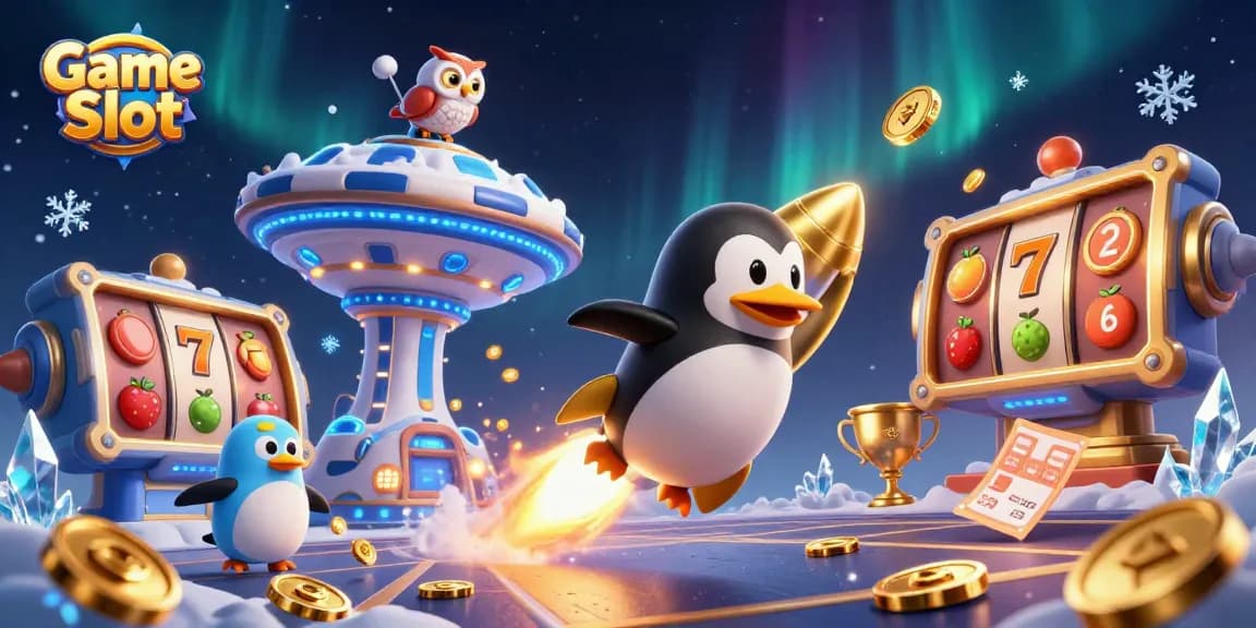 Experience Game Slot excitement with a golden penguin racing towards a cosmic casino.