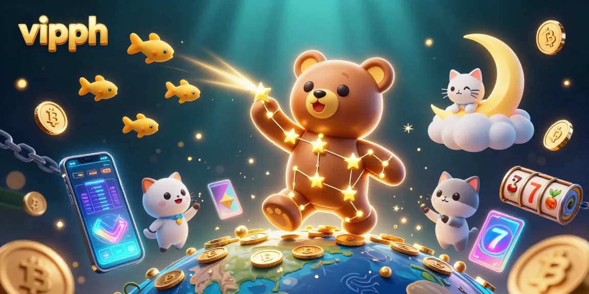 Join the excitement of vipph with vibrant casino-themed characters, coins, and dynamic crypto elements.