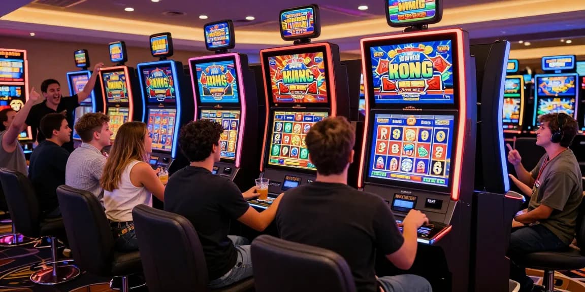Atmosfer kasino yang meriah dengan pemain slot maxwin yang antusias merayakan kemenangan tinggi.