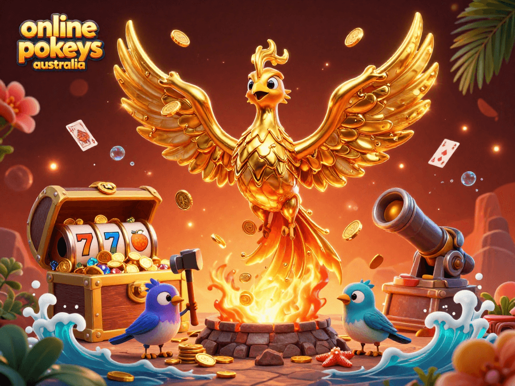 Engage with online pokies Australia featuring a molten metal phoenix and dynamic casino elements.