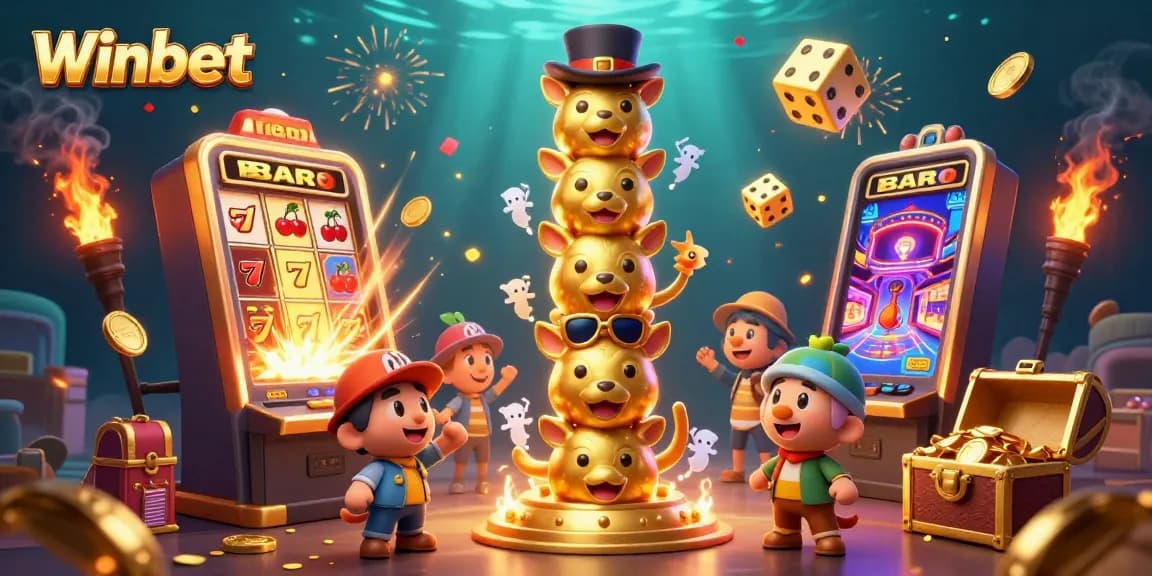 Winbet's exciting character scene featuring a vibrant slot machine explosion and a golden totem pole.