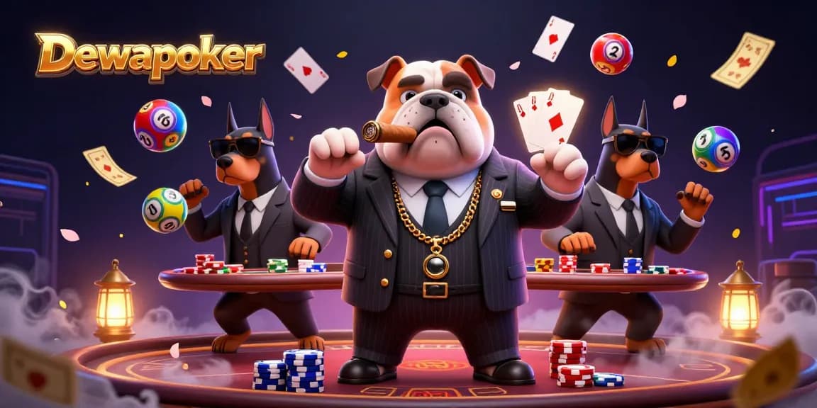 Dewapoker's animated mafia bulldog and Doberman bodyguards surround poker tables and cascading cards.