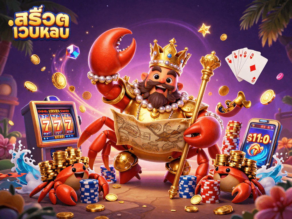 Experience the excitement of สล็อตเว็บตรง with a stunning illustration featuring a golden crab emperor amid casino elements.