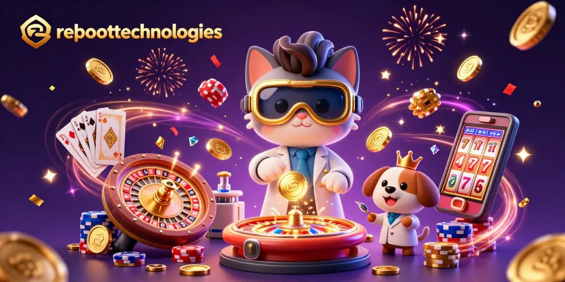 Spin to win with reboottechnologies in a vibrant casino scene filled with gold coins and lively game elements.