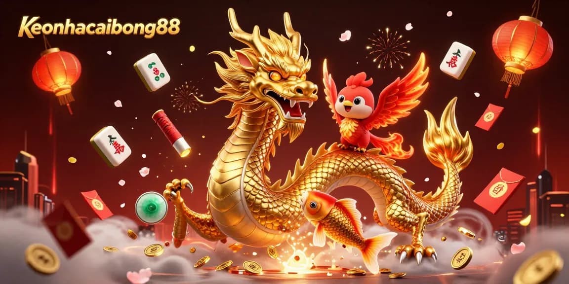 Engage with thrilling gameplay at keonhacaibong88 featuring dragons, phoenixes, and lucky koi in a vibrant casino scene.