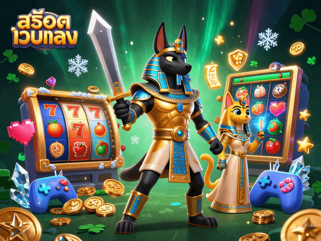 Engage with สล็อตเว็บตรง in a vibrant scene featuring Anubis and Bastet amidst colorful slot machines and glowing symbols.