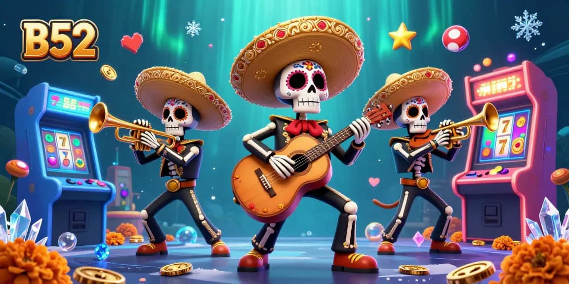 Enjoy the exciting B52 mariachi band in a vibrant casino-themed 3D illustration.