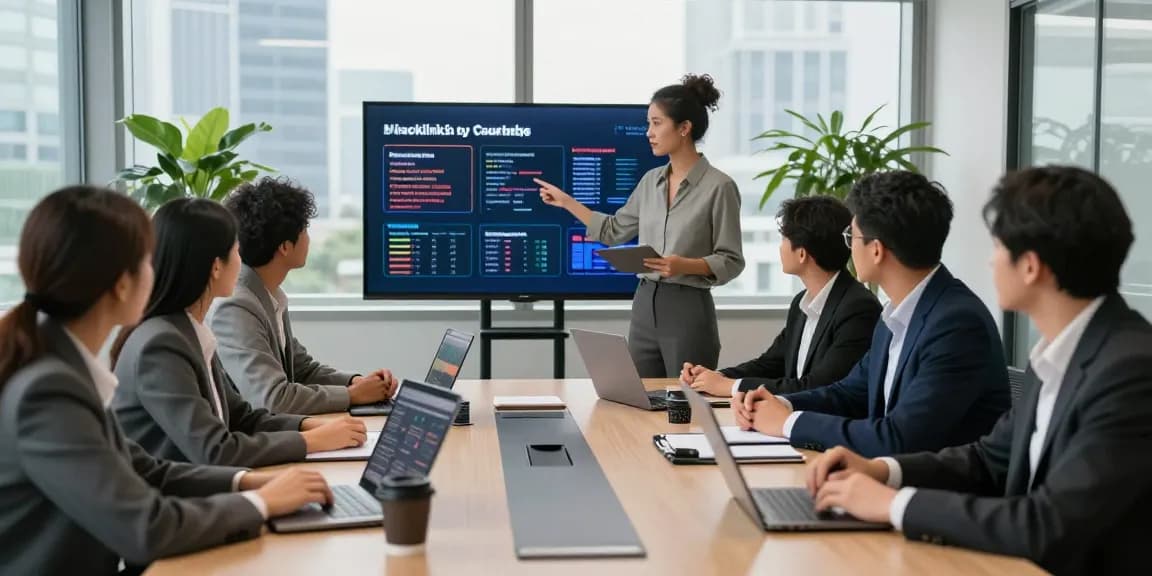 Professional team discussing casino backlinks by country in a modern office.