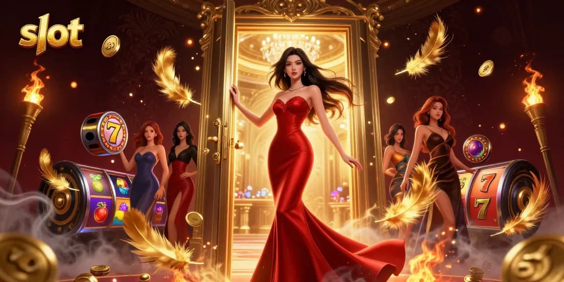 Experience thrilling slot action with beautiful Asian woman in VIP setting, golden elements bursting around her