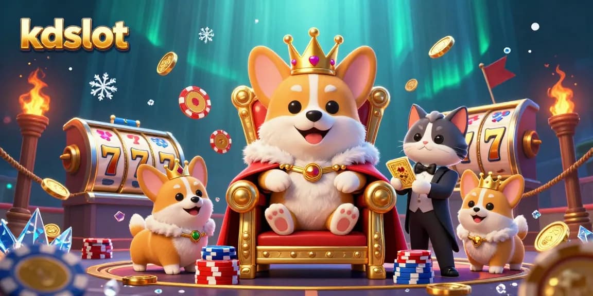 Experience the thrill of kdslot with a vibrant illustration of a royal corgi on a poker throne surrounded by exciting game elements.