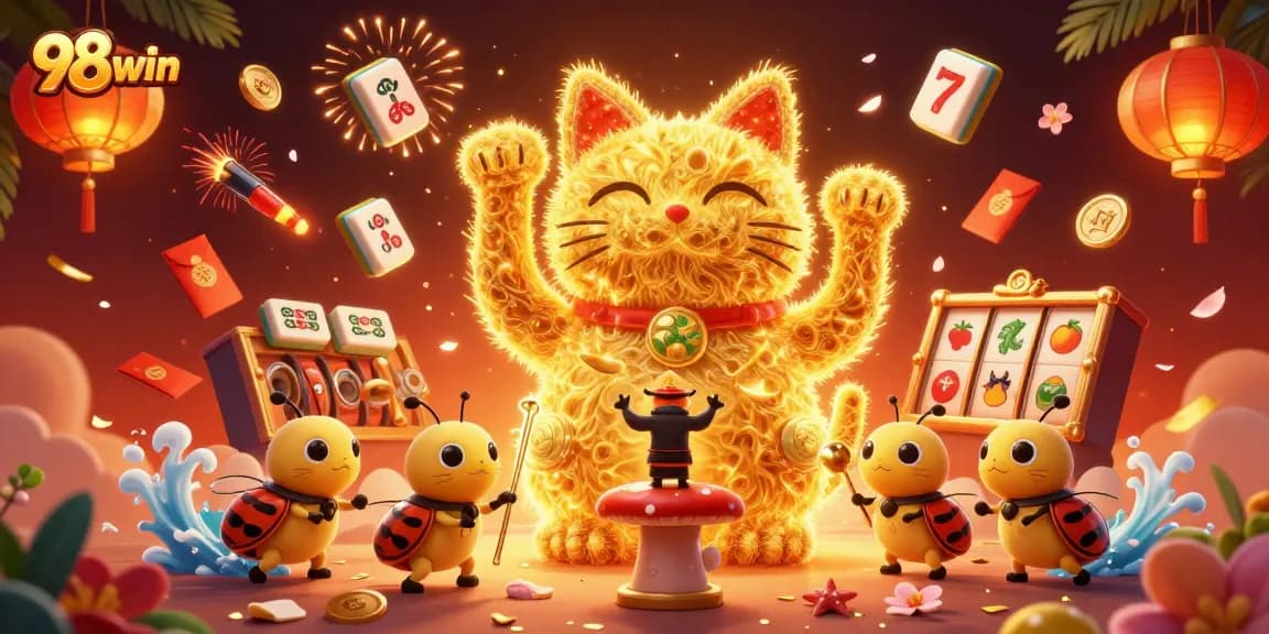 Experience the excitement of 98win with a vibrant lucky cat and casino symbols in this creative illustration.