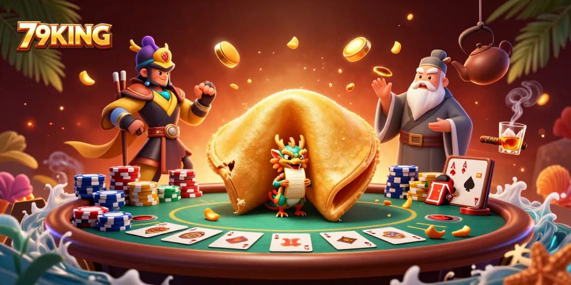 Experience thrilling 79KING poker dynamics with a vibrant dragon and fortune cookie scene.