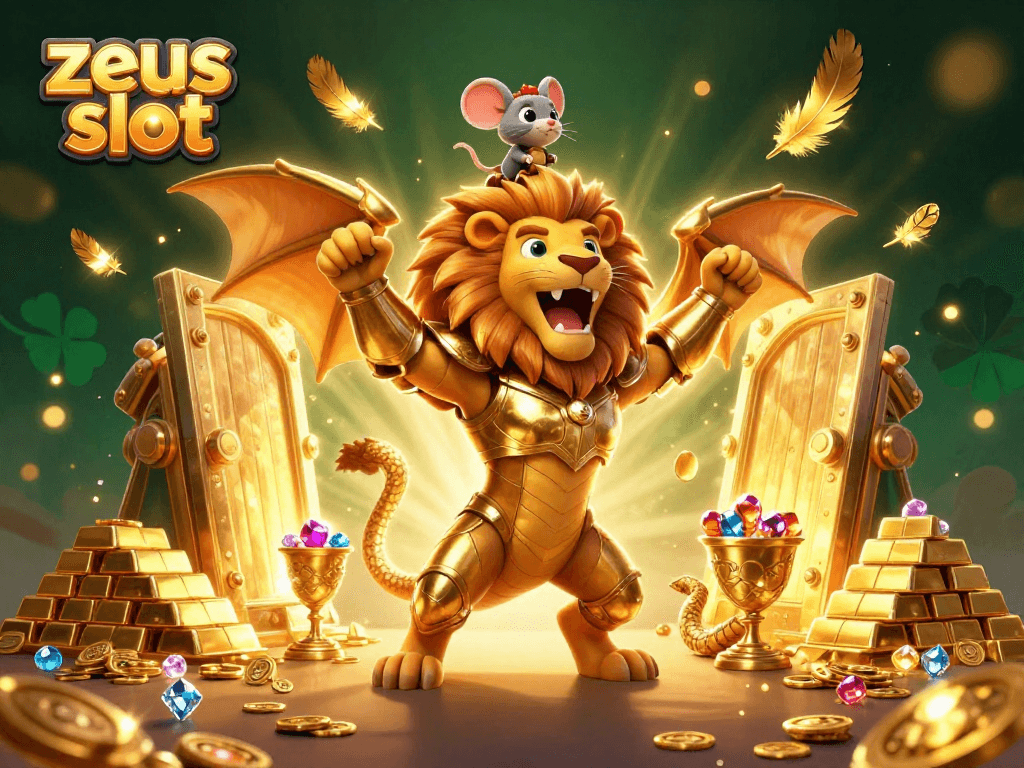 Engage with zeus slot action, a triumphant chimera and mouse jockey amidst a treasure scene.