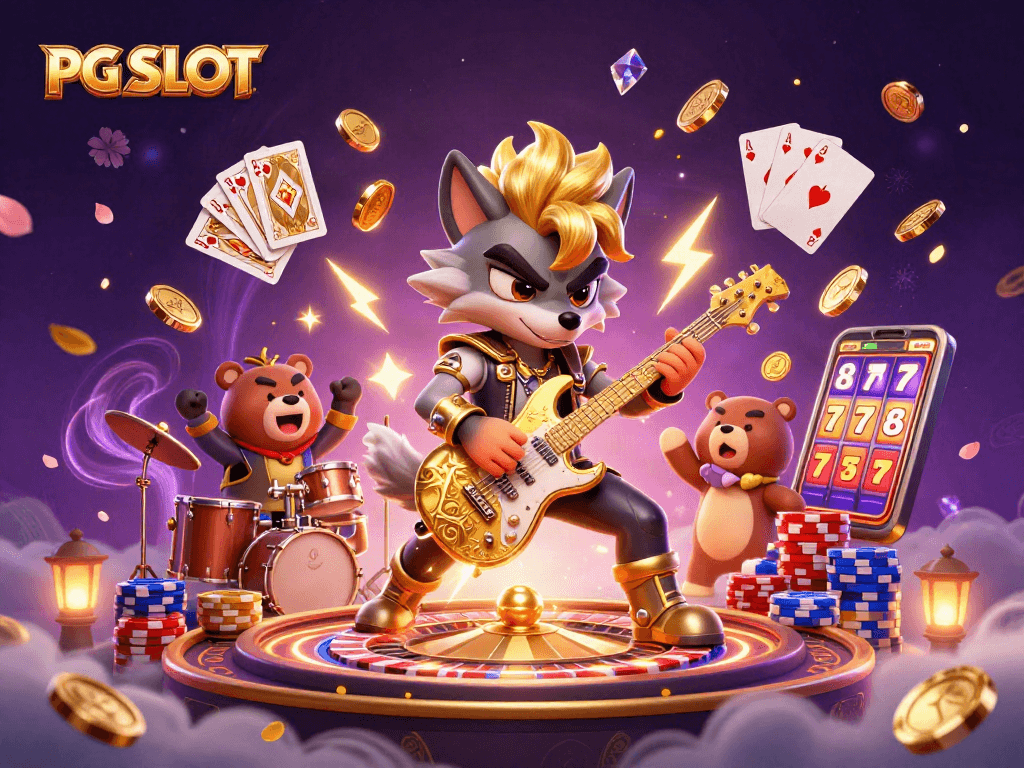 Engage with PG SLOT on a vibrant 3D casino stage filled with dynamic characters and gaming elements.