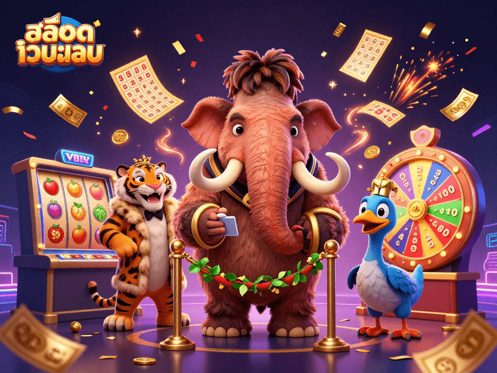 Experience สล็อตเว็บตรง excitement with a cartoon casino scene featuring bouncer and VIP guests.
