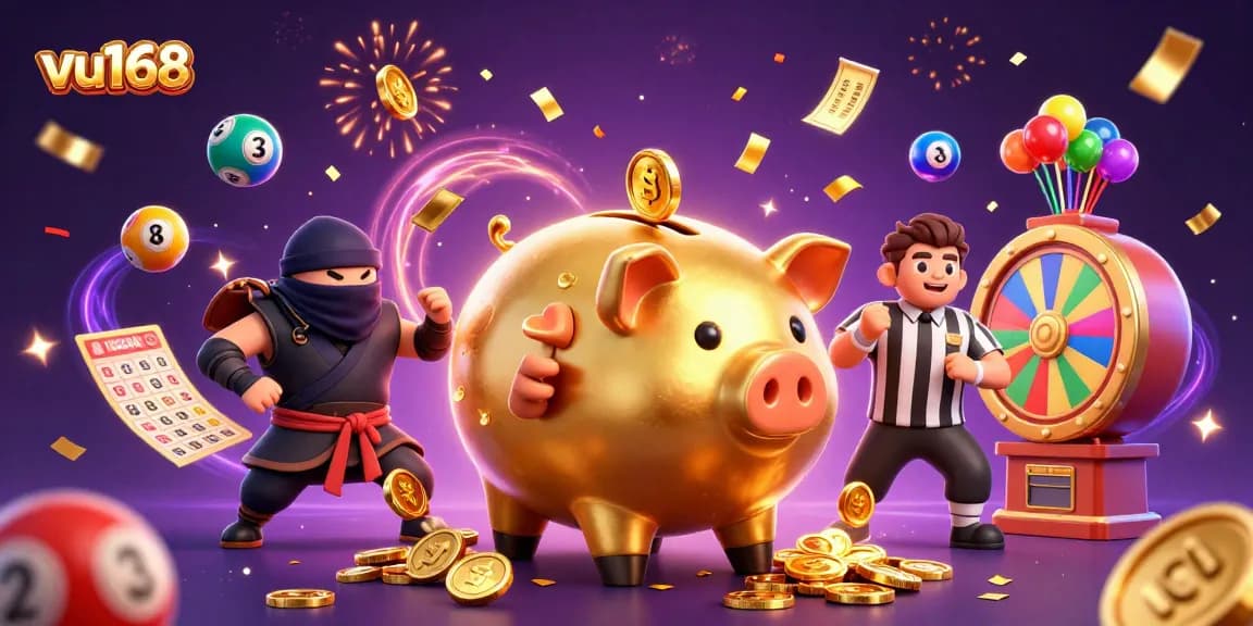 Experience thrilling gameplay and vibrant wins at vu168 with a dynamic illustration featuring exciting casino elements.