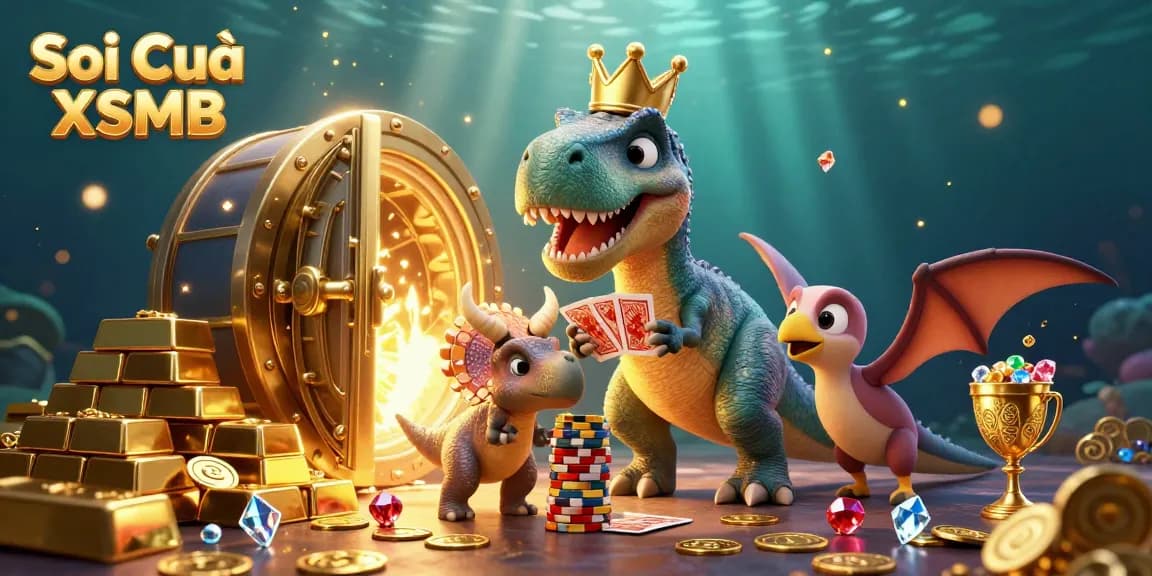 Engage with Soi Cầu XSMB strategies illustrated through vibrant 3D cartoon dinosaurs amid a gambling-themed backdrop.