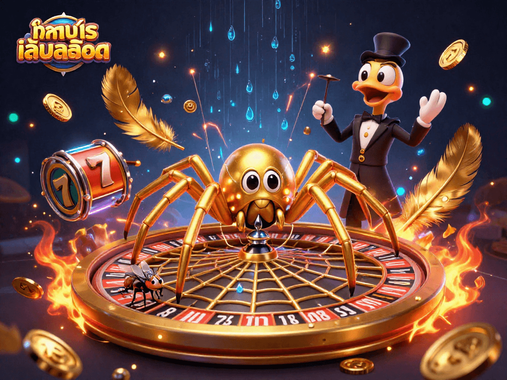 Experience ทดลองเล่นสล็อต with a dynamic 3D scene of a roulette wheel and playful characters in action.