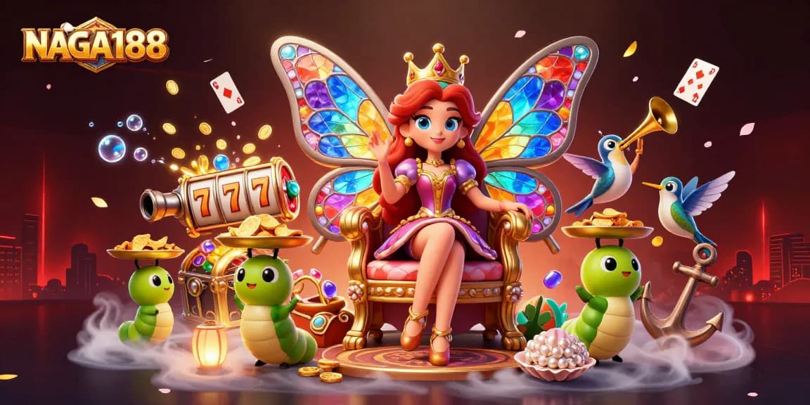 NAGA188 memberikan pengalaman bermain slot yang menyenangkan dengan ratu kupu-kupu ilustrasi 3D.