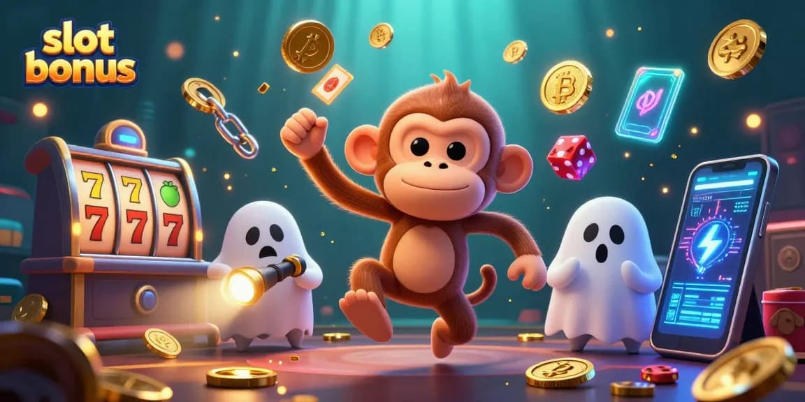 Engaging illustration of a mischievous monkey juggling games and coins representing a slot bonus at a haunted casino.