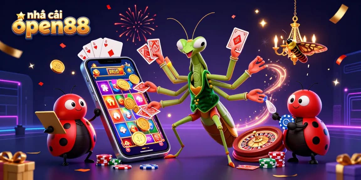 Experience the vibrant world of nhà cái open88 as cartoon characters celebrate with games and excitement.