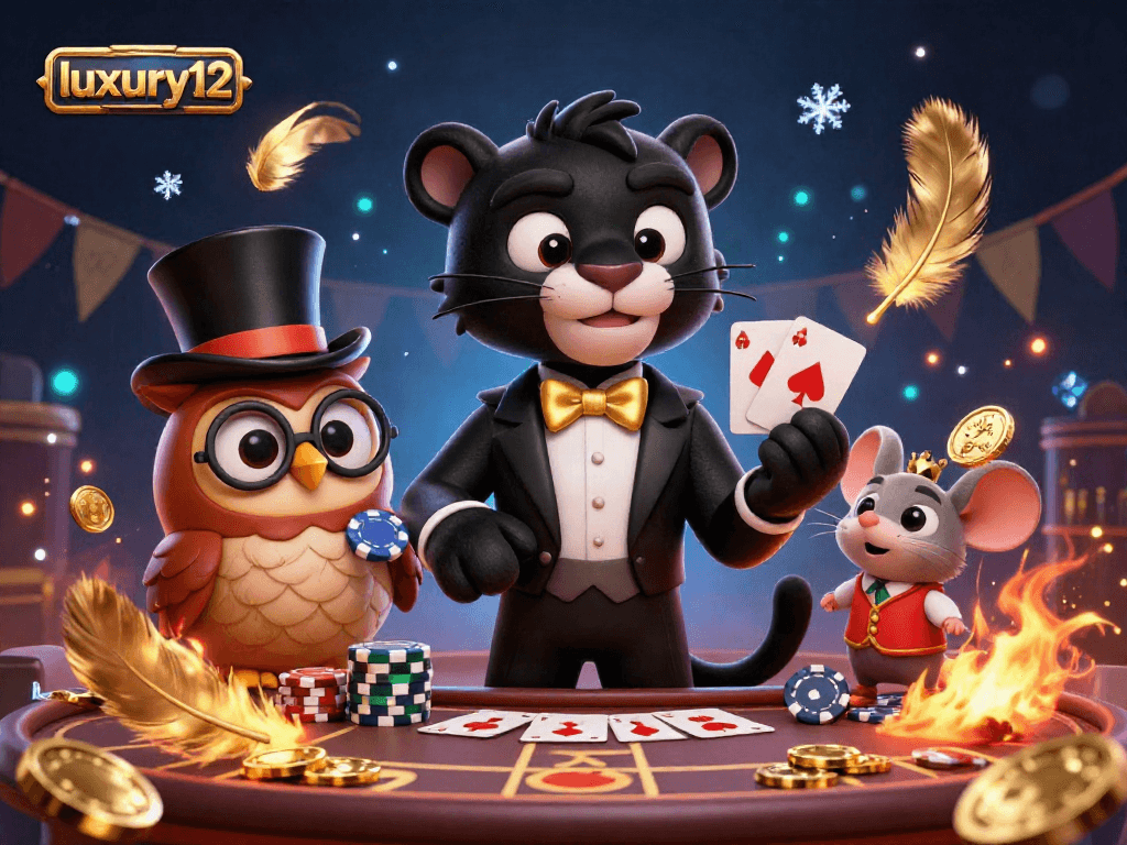Experience luxury12 casino magic with a stylish black panther dealer, owl, and lucky mouse!