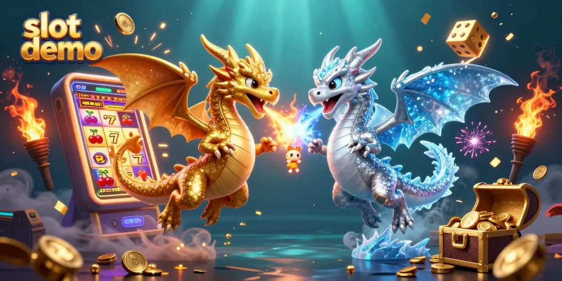 Engaging slot demo illustration featuring golden and silver dragons intertwined amidst vibrant slot machine elements.