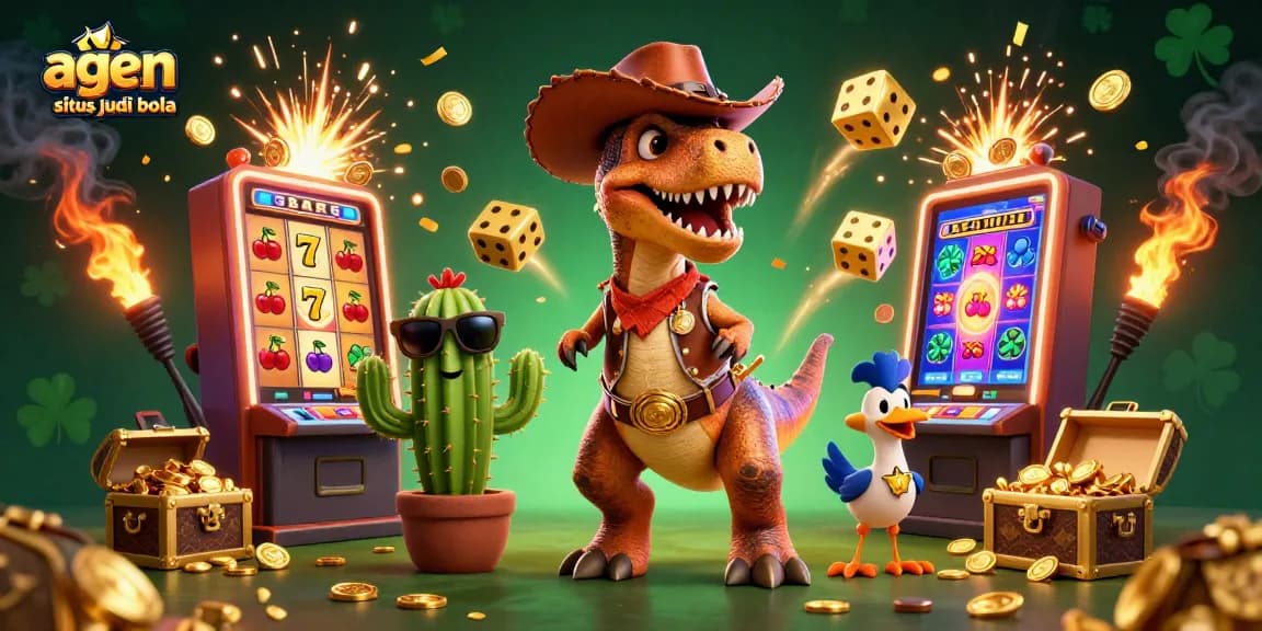 Engaging scene depicting agen situs judi bola with a dinosaur, cactus, and roadrunner amidst a jackpot burst.