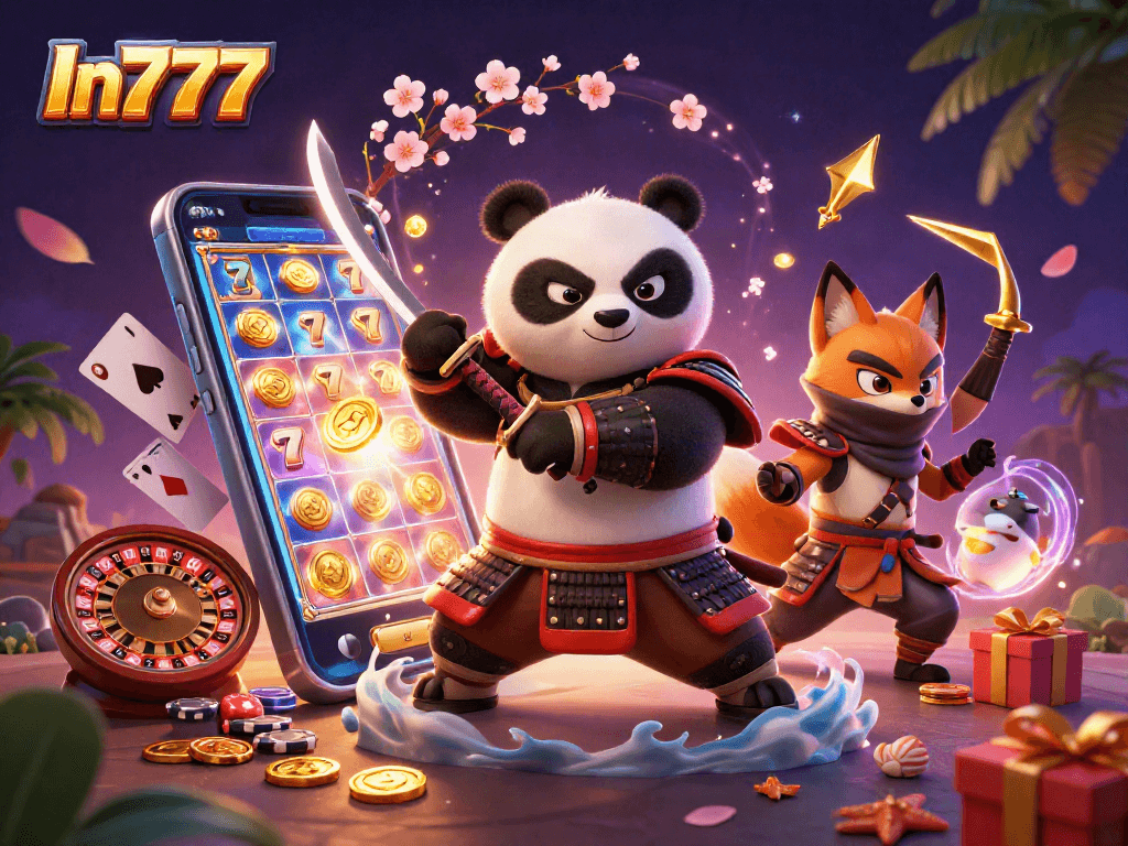 Experience In777 excitement with a fierce panda samurai and fantasy elements in an action-packed gambling scene.