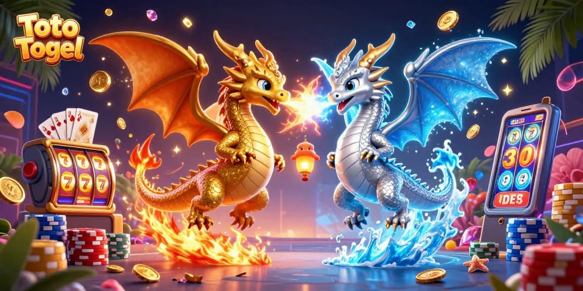 Toto Togel menampilkan naga terbang dengan efek yin-yang, dikelilingi koin emas dan kartu poker.