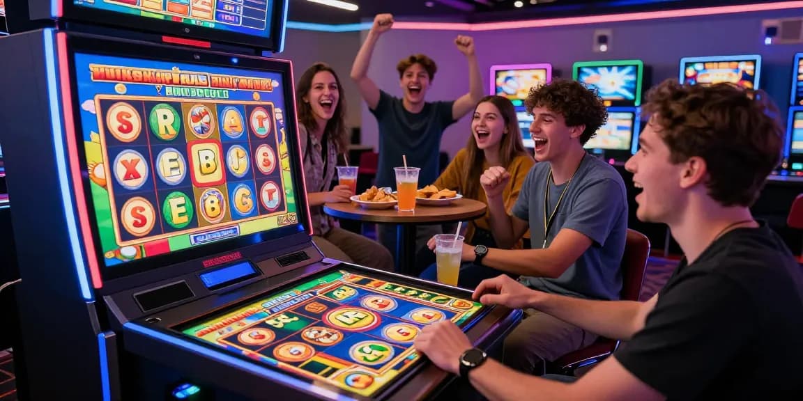 Permainan slot jackpot yang menarik dalam suasana kasino online dengan teman-teman bersemangat.