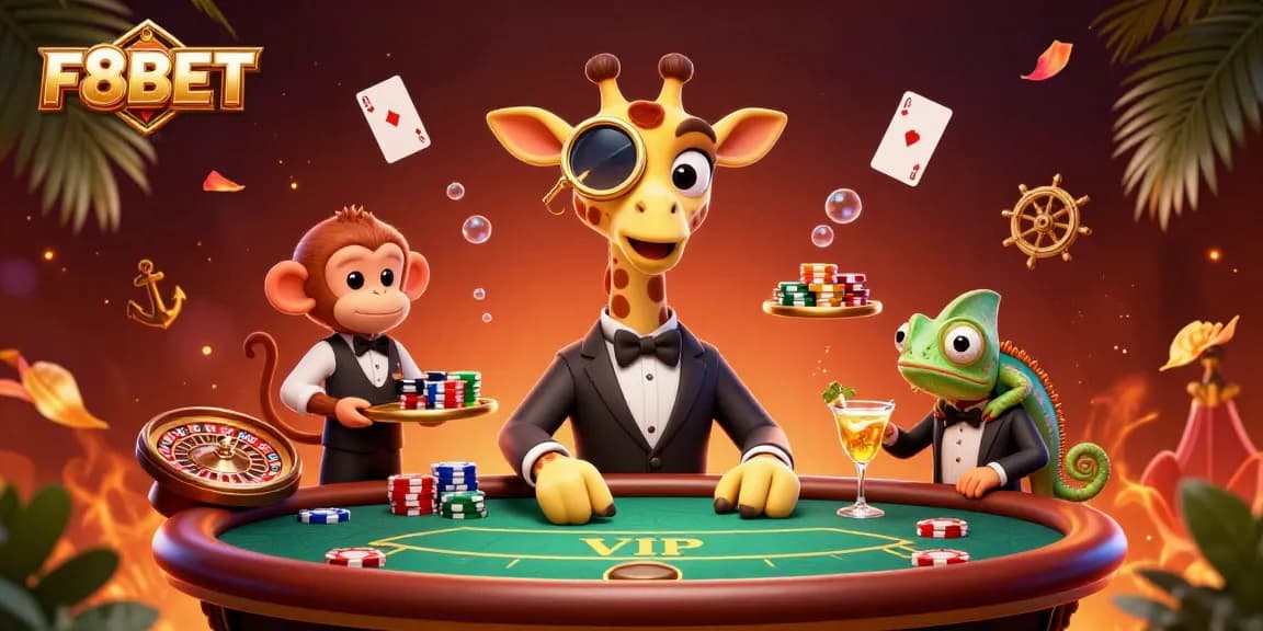 Experience the thrill of F8BET with this vibrant illustration of a giraffe and friends at a poker table.