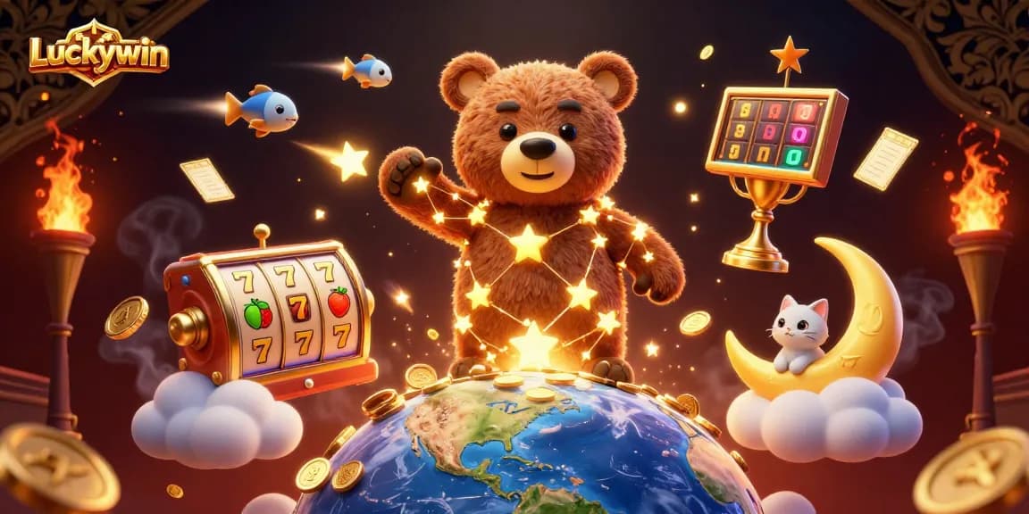 Experience the excitement of Luckywin through 3D casino art showcasing golden stars and slot games.
