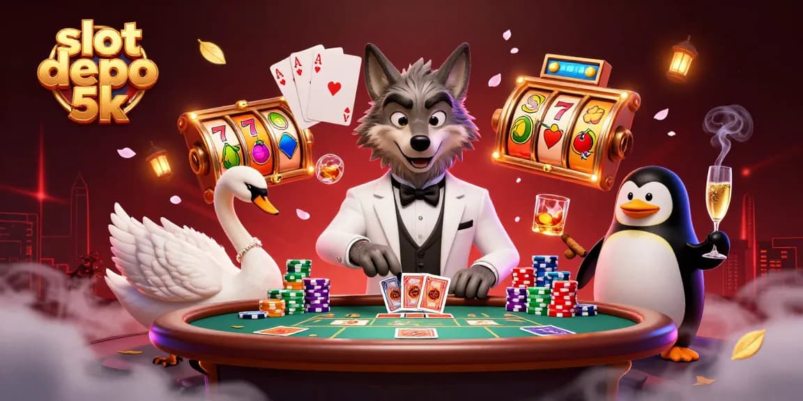 Experience thrilling wins with slot depo 5k in this vibrant casino illustration featuring lively game elements.