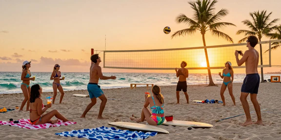 Teman-teman bermain voli pantai di Miami saat senja, menampilkan kebahagiaan di https://miami4d.com/.