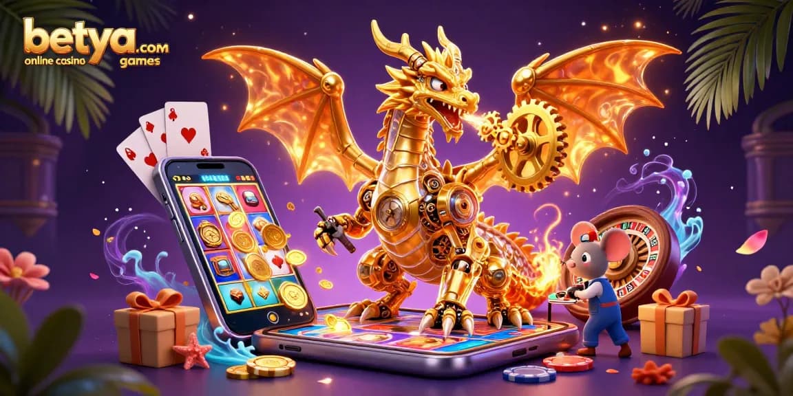 Engage with betya.com online casino games as a dragon breathes gears and cogs among vibrant classic game elements.