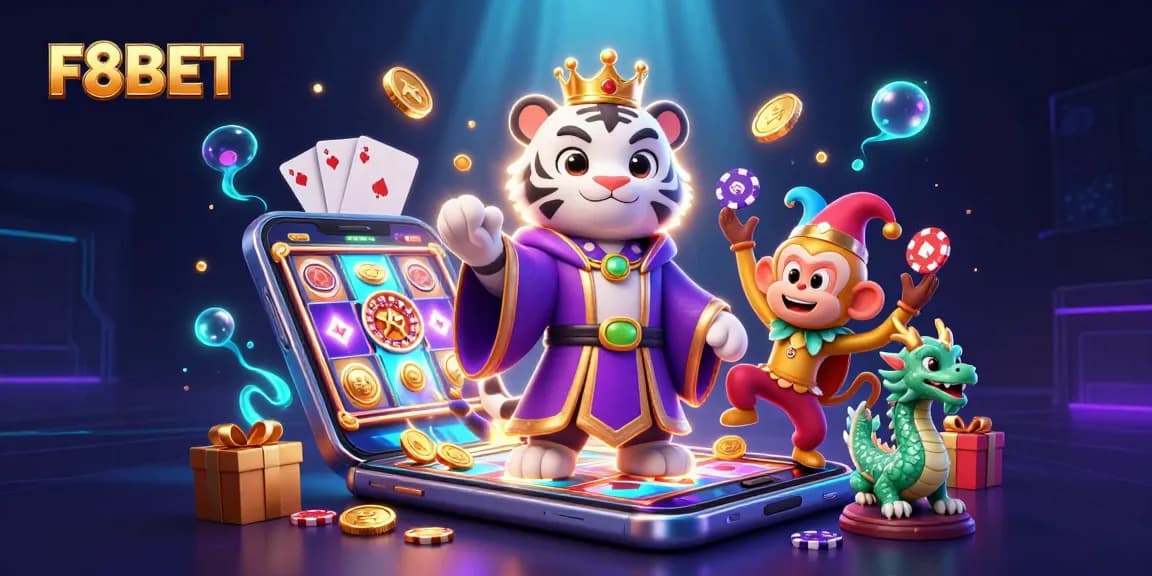 Experience F8BET's thrilling casino adventures with a vibrant 3D illustration featuring unique characters and gaming elements.