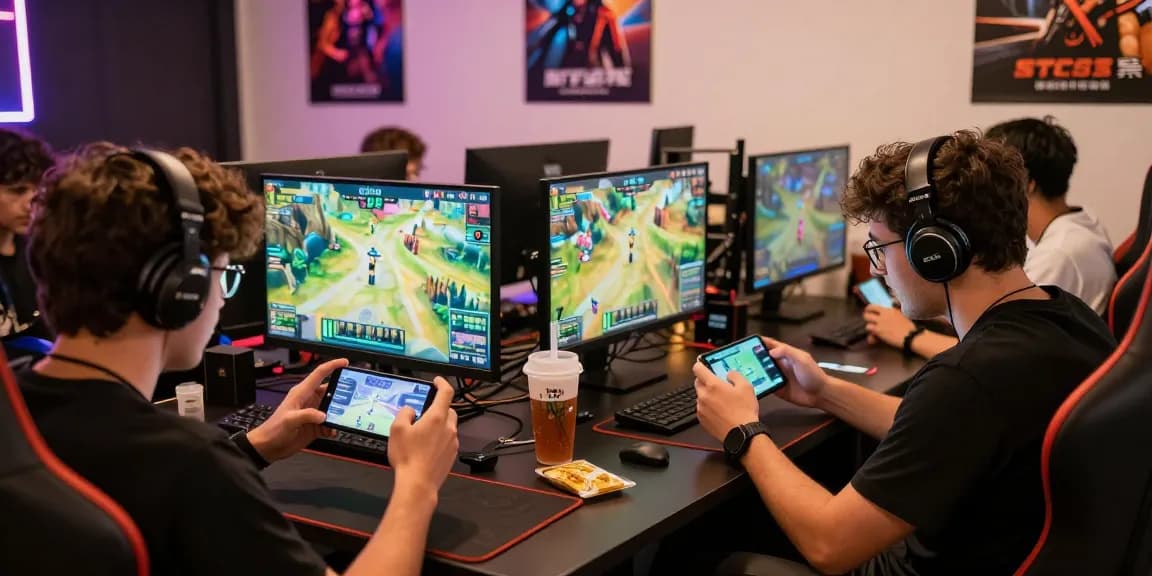 Engaged players using mobile devices for newtown login in a vibrant gaming atmosphere.