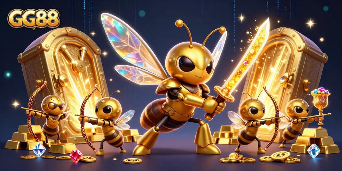 Experience the thrill of GG88 with a vibrant casino scene featuring a golden hornet warrior.