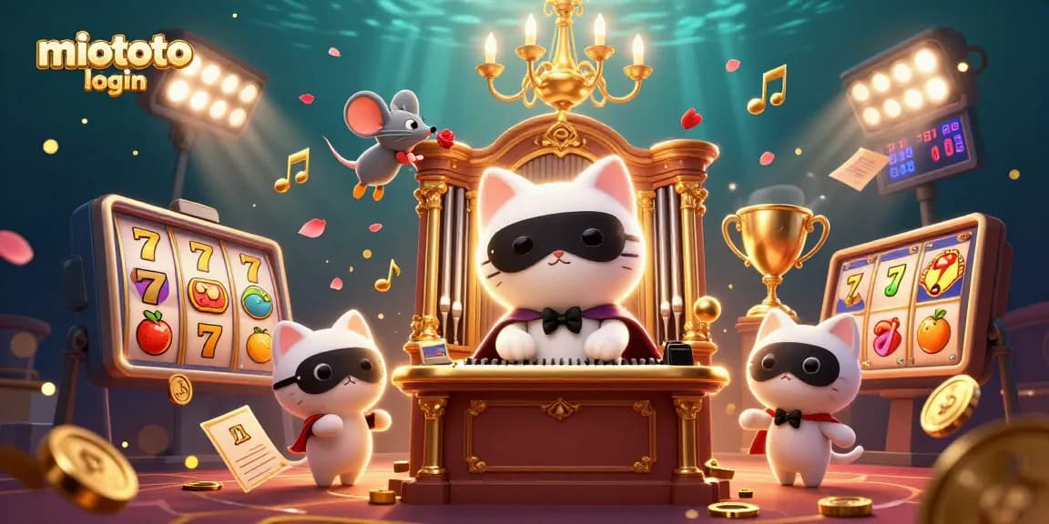 Experience the thrill of winning with miototo login at a lively casino scene filled with slot reels and acrobatic characters.