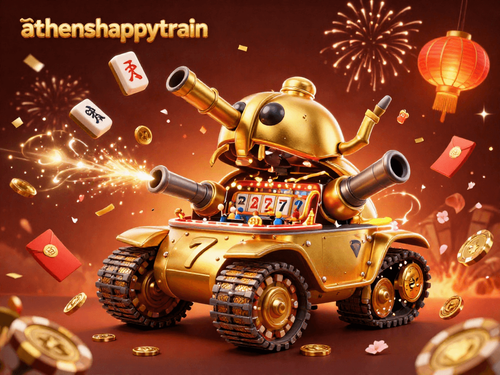 Engage the slot reels and mini casino scene in athenshappytrain's festive 3D illustration.