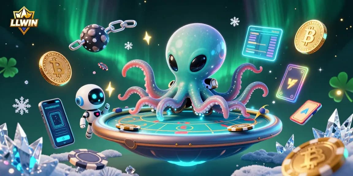 Experience thrilling poker with LLWIN's alien octopus and vibrant crypto elements in this engaging illustration.