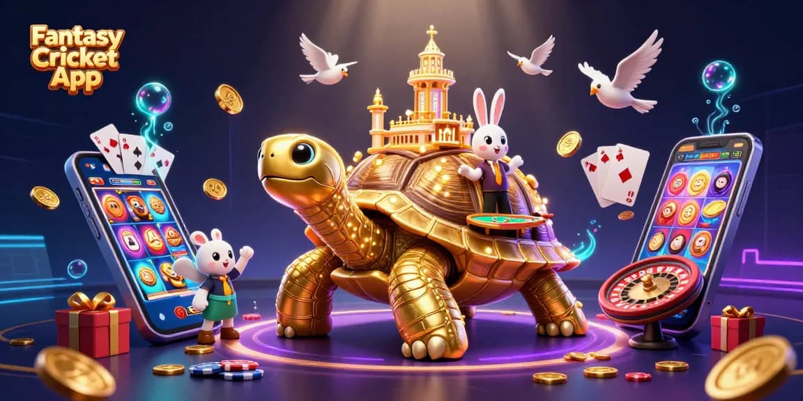 Experience the thrill of the Fantasy Cricket App amidst colorful casino elements and engaging characters.