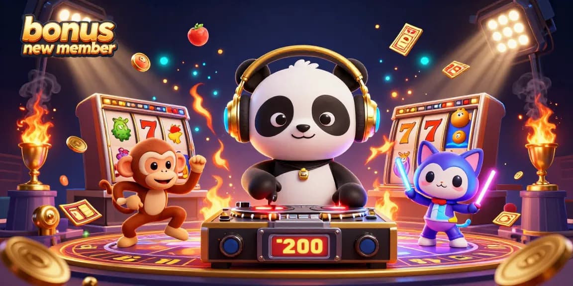 Engage with the exciting bonus new member offers, featuring vibrant slot game elements and fun characters.