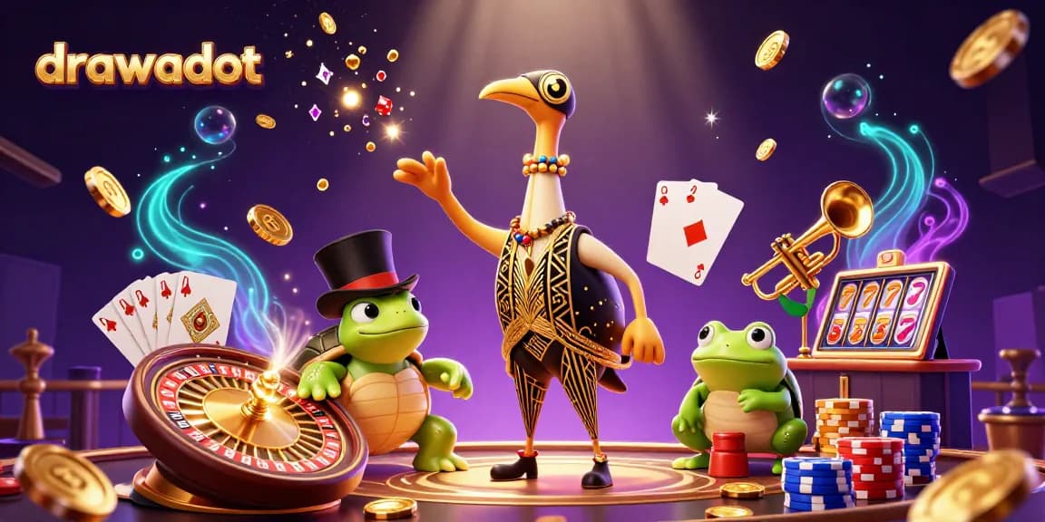 drawadot showcases a lively casino scene with a turtle, crane, and frog celebrating wins.