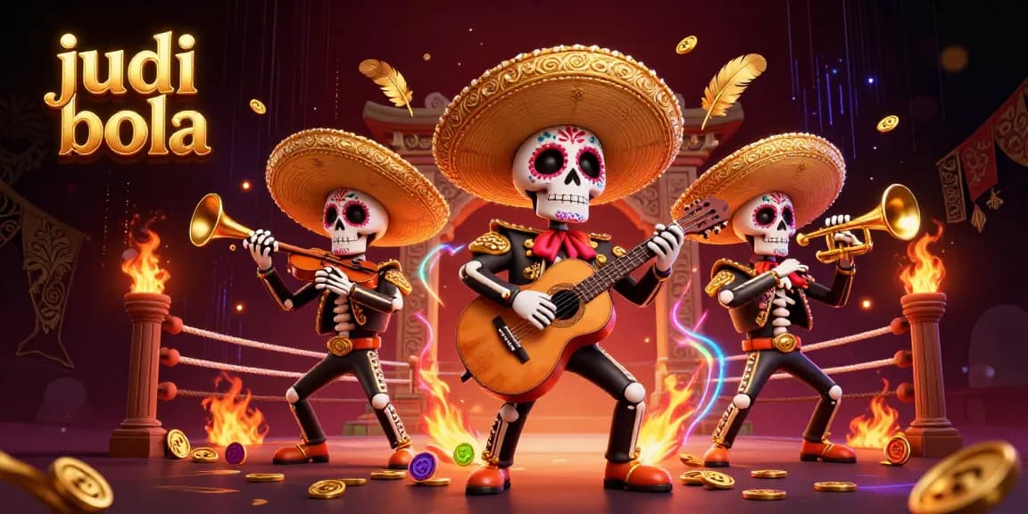 Experience judi bola excitement with a vibrant 3D illustration featuring mariachi skeletons and betting elements.