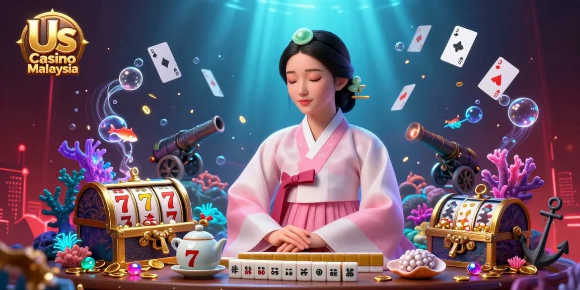 Experience immersive gaming at Us Casino Malaysia with vibrant slot elements, gold coins, and dynamic energy.